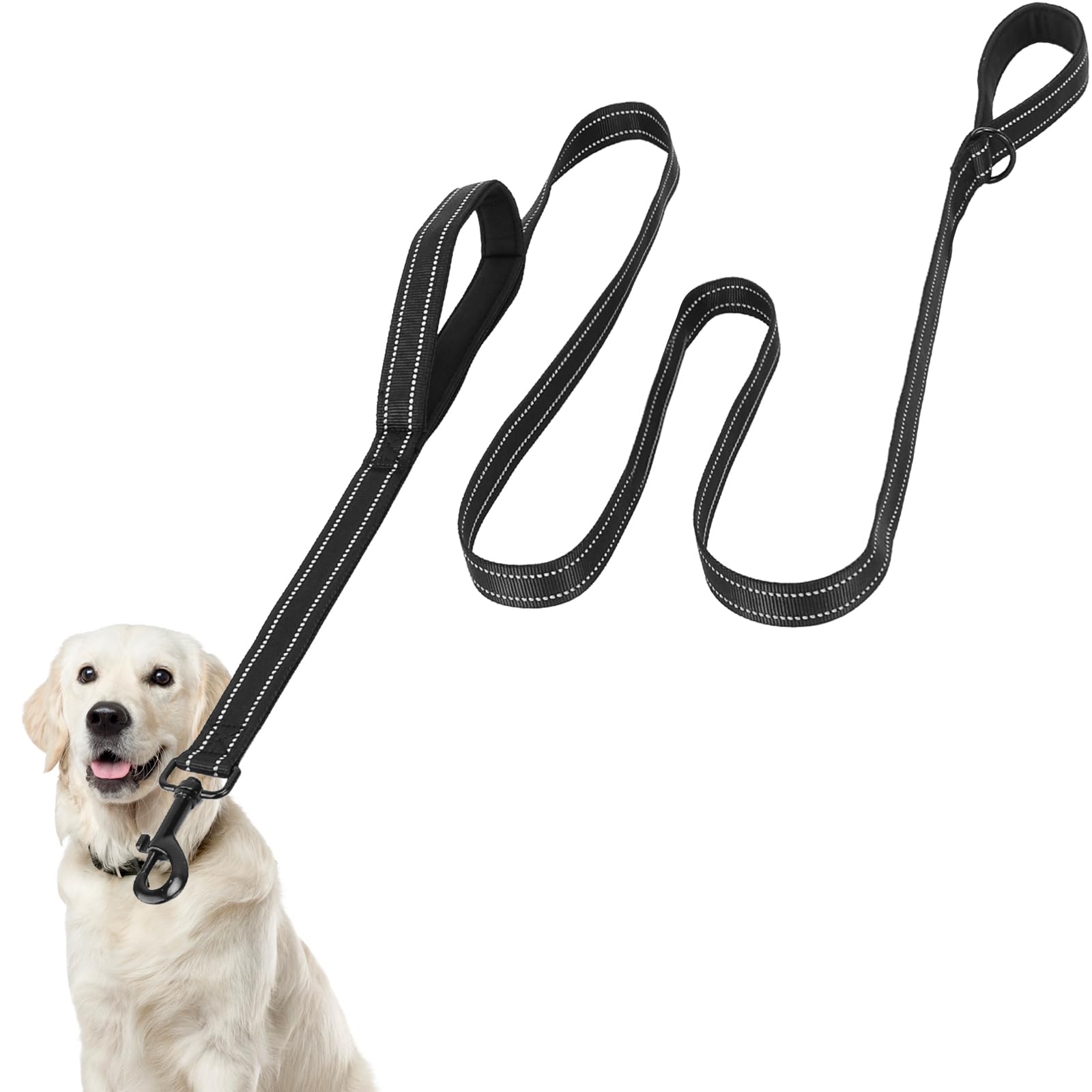 Euqvunn Dog Lead 6.6ft Long with Dual Padded Traffic Handles | Two Traction Modes | Reflective Stitching | Heavy Duty Nylon Dog Rope for Large and Medium Dogs | Control and Training Leash | Black