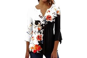 XUBOWAY Womens Tops 2024 Plus Size Trendy 3/4 Bell Sleeve Button v Neck Tshirt Boho Floral Print Casual Blouse Going Out Tops