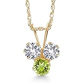 Gem Stone King 14K Yellow Gold White Created Sapphire and Green Peridot 3-Stone Pendant Necklace For Women (0.38 Cttw, Gemstone September Birthstone, Round 3MM, 18 Inch Chain)