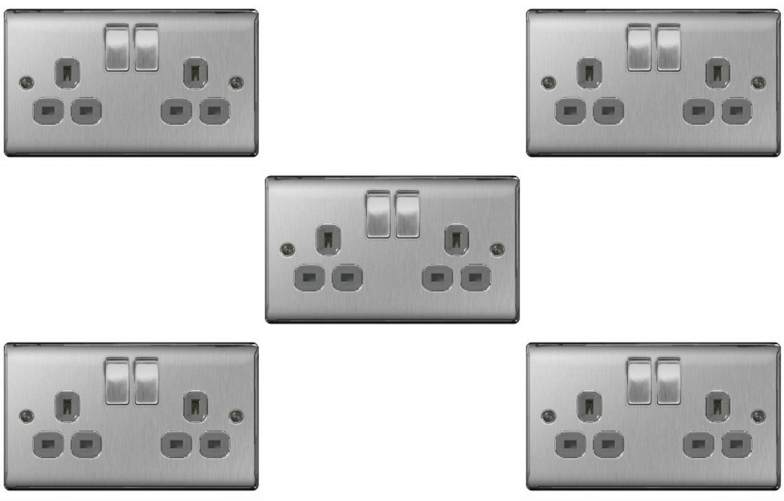 BG Electrical nbs Switch Socket Outlets - Brushed Steel,Grey,22g/5 5 x Twin 13 A