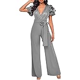 Sequin Jumpsuits for Women Dressy Summer Casual V Neck Short Sleeve Cocktail Club party Wide Leg Romper with Pockets