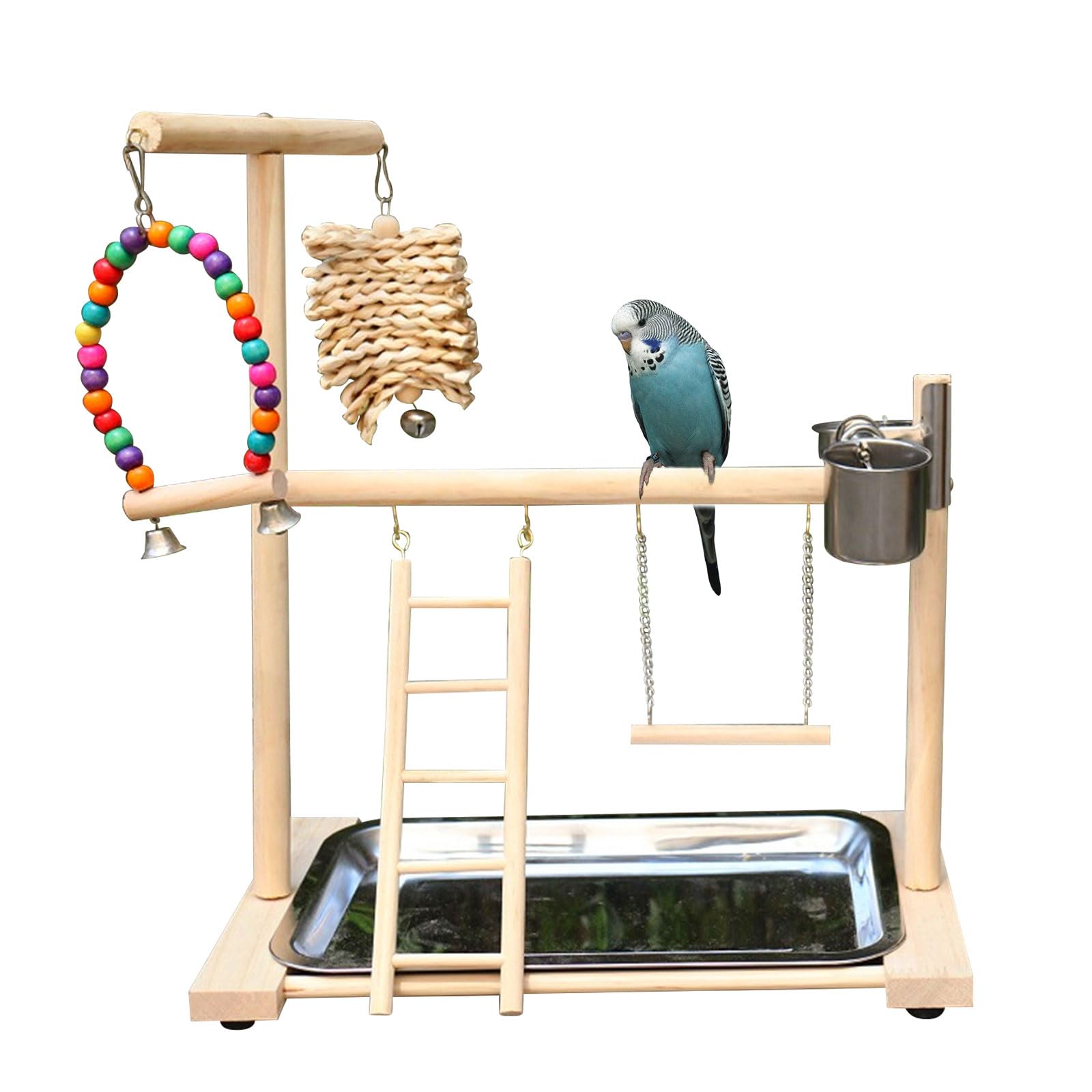 DWE Wooden Bird Playground, Parrot Perch Stand with Tray Feeder Cup Ladder Swing Toys, Budgie Gym for Conures Parakeet Cockatiel Parrots (A)