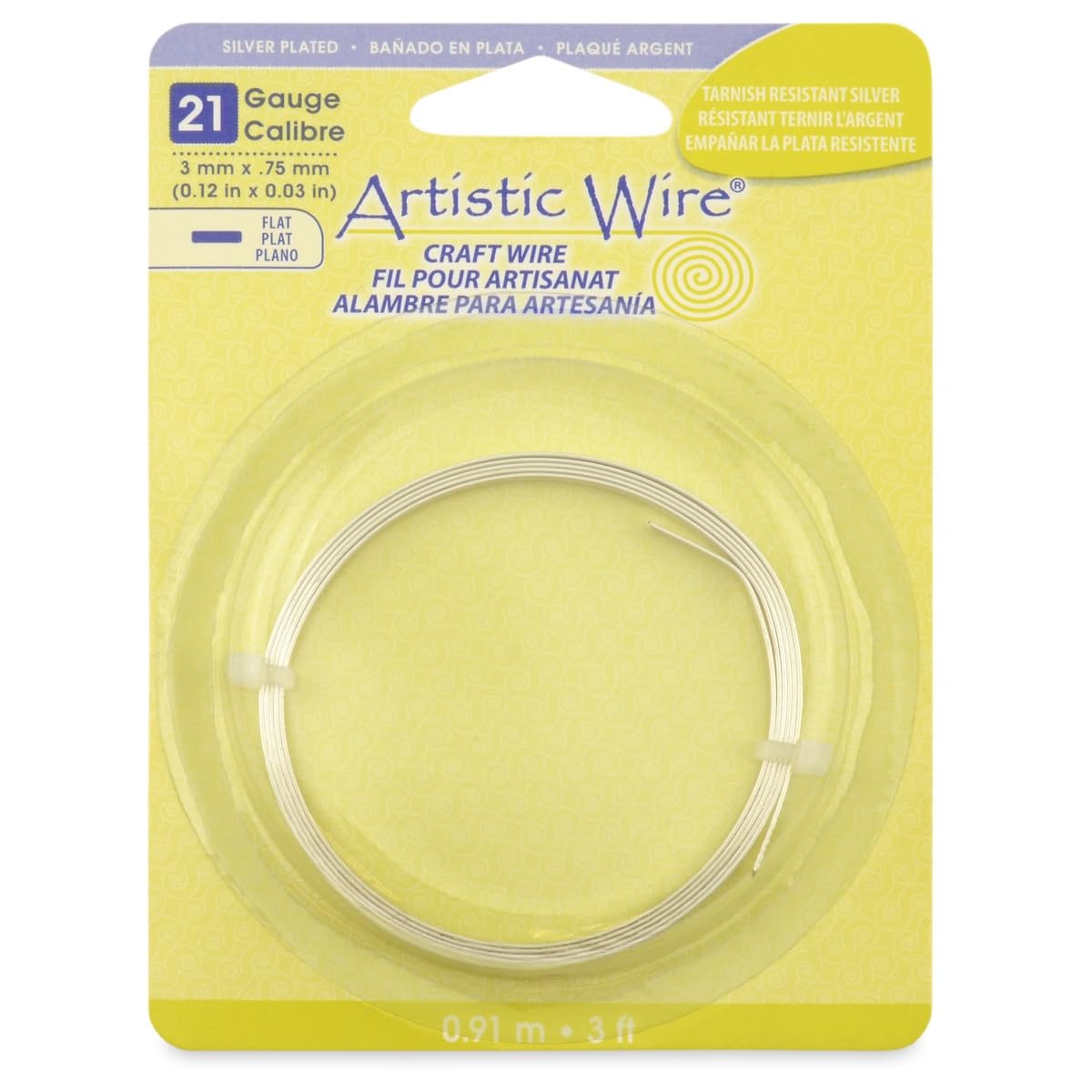 Artistic Wire, 21 Gauge, Flat, 3 mm x .75 mm / 0.12 in x 0.03 in, Tarnish Resistant Silver Plated, 3 ft / .91 m, AWB-21F-S10-03F