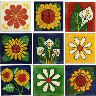 Flowers Mexican Tile Design Collection, 9 Tiles Set