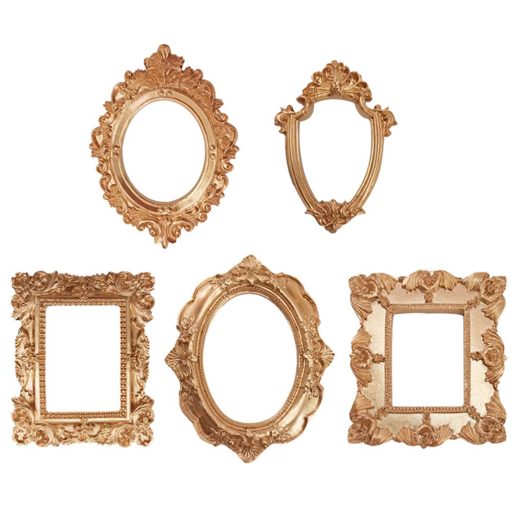 Amosfun 5pcs Golden Rustic Embossed Style Wall Small Photo Frame - Mini Decorative Picture Display for Home Shop, Random Style