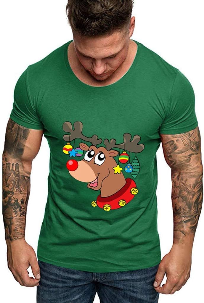 Men's Funny Patterned Shirt for Christmas, Elk Print Short Sleeve Top Casual Comfortable Top