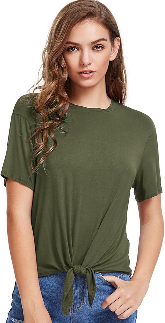 Romwe Women's Short Sleeve Tie Front Knot Casual Loose Fit Tee T-Shirt at  Women’s Clothing store