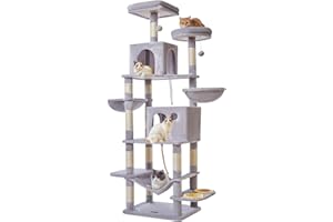 Taoqimiao 76-Inch Cat Tree Cat Tower for Indoor Cats, Plush Multi-Level Cat Condo with 12 Scratching Posts, 2 Perches, 2 Caves, Hammock, 2 Pompoms MS016W Light Gray