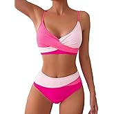 YELAIVP High Waisted Bikini Sets for Women V Neck Bathing Suit for Women Tummy Control Two Piece Swimsuits Swimwear