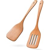 Hefild 2PCS Wooden Spatulas for Cooking, 12 inch Wood Spatulas Set with Flat Wood Spatula & Slotted Spatula – Beechwood Cooking Utensils for Nonstick Pans – Wooden Spoons for Cooking