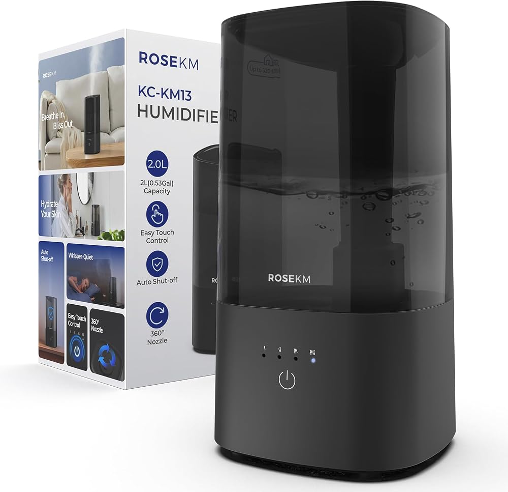 Rosekm Humidifier Bedroom Quiet Ultrasonic 2L 360° Nozzle Auto Shut-Off