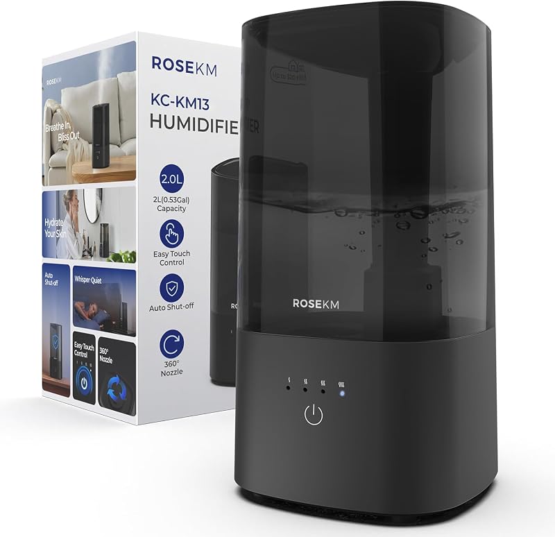 Rosekm Humidifier Bedroom Quiet Ultrasonic 2L 360° Nozzle Auto Shut-Off