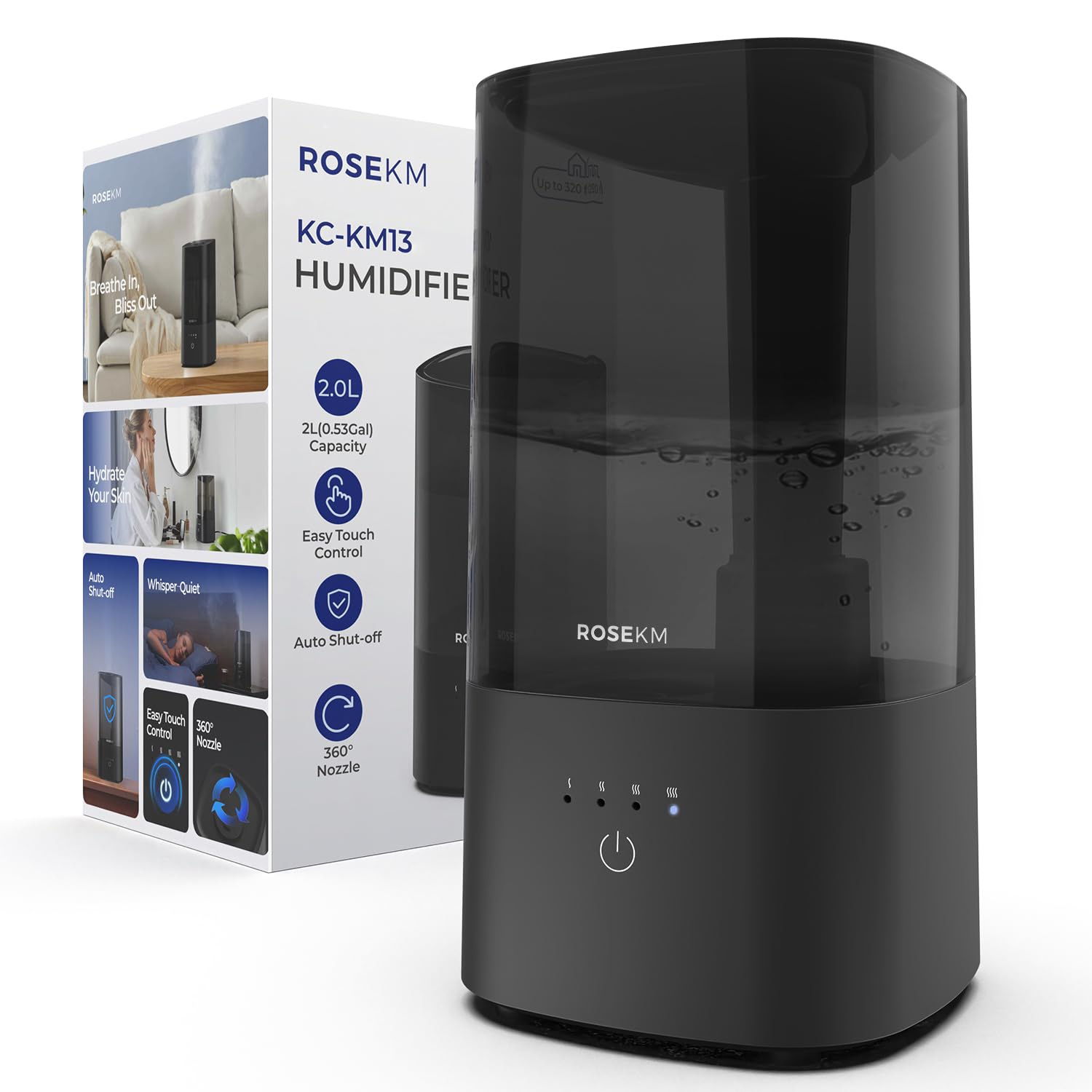 Rosekm Humidifiers for Bedroom, Cool Mist Air Humidifier for Home Plant and Baby Nursery, Quiet Ultrasonic Humidifier with 360° Rotatable Nozzle, Auto Shut-Off, Filterless