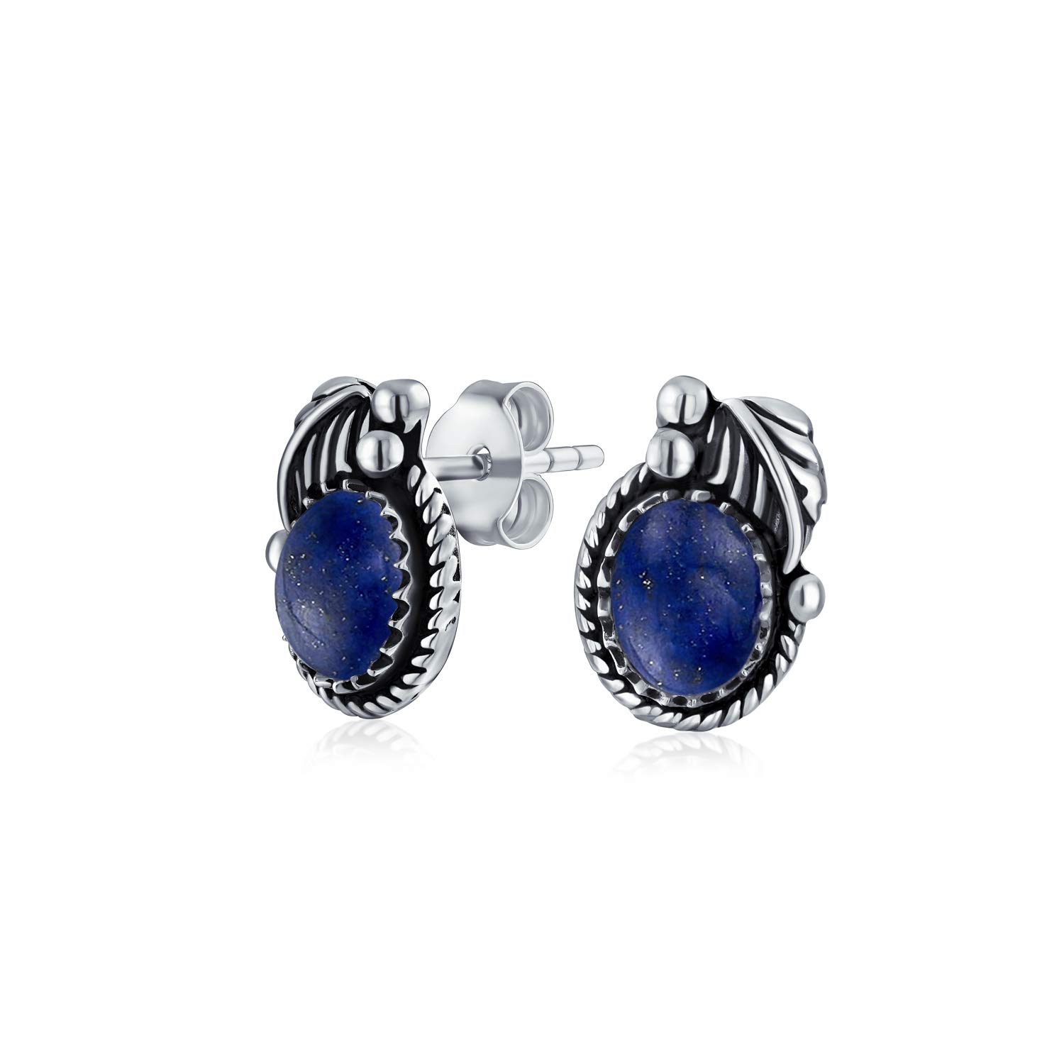 Native American Style Blue Lapis Lazuli Gemstone Round Bezel Leaf Rope Edged Stud Earrings Western Jewelry For Women Oxidized .925 Sterling Silver โ image 1