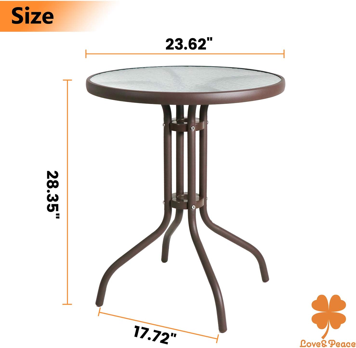 Love & Peace 24" x 24" Outdoor Bistro Table Metal Round Patio Side Table Outdoor Coffee Table Furniture Garden Backyard Dining Table, W/Elegant Water Ripple Glass Table Top, Brown: Kitchen & Dining
