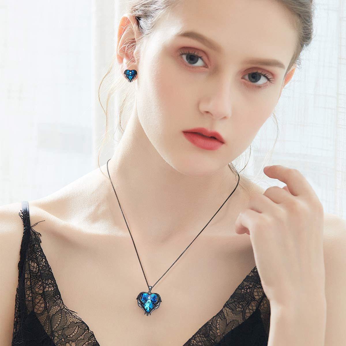 CDE Jewelry Set for Women Heart Shape Pendant Necklace and Studs Earrings Embellished with Crystals from Swarovski Dark Blue Heart of Ocean Pendant Necklace Set Gifts for Mothers Day