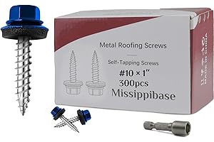 MISSIPPIBASE Metal Roofing Screws #10 × 1 Inch, 300 PCS,Blue Painted Hex Head Sheet Metal Roof Screws,Rubber Washer,Sharp Point,Self Starting Metal to Wood Siding Screws, EPDM Washer,Hex Socket Included