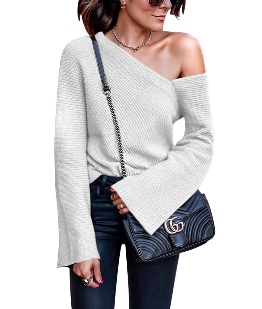 Women\'s One Off Shoulder Sweater - Sexy Pullover Long Sleeve Baggy Jumper Tops Medium Light Grey