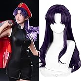 LABEAUTÉ Long Curly Deep Purple Cosplay Wig with Bangs Women Girls Anime Heat Resistant Synthetic Hair for Costume Theme Party and Halloween