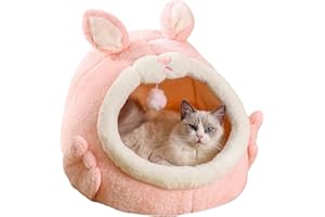 QWINEE Cat Bed for Indoor Cats, Cat Tent Plush House Rabbit Design Kitten Bed with Pompom Cute Soft Cat Cave Pink Small