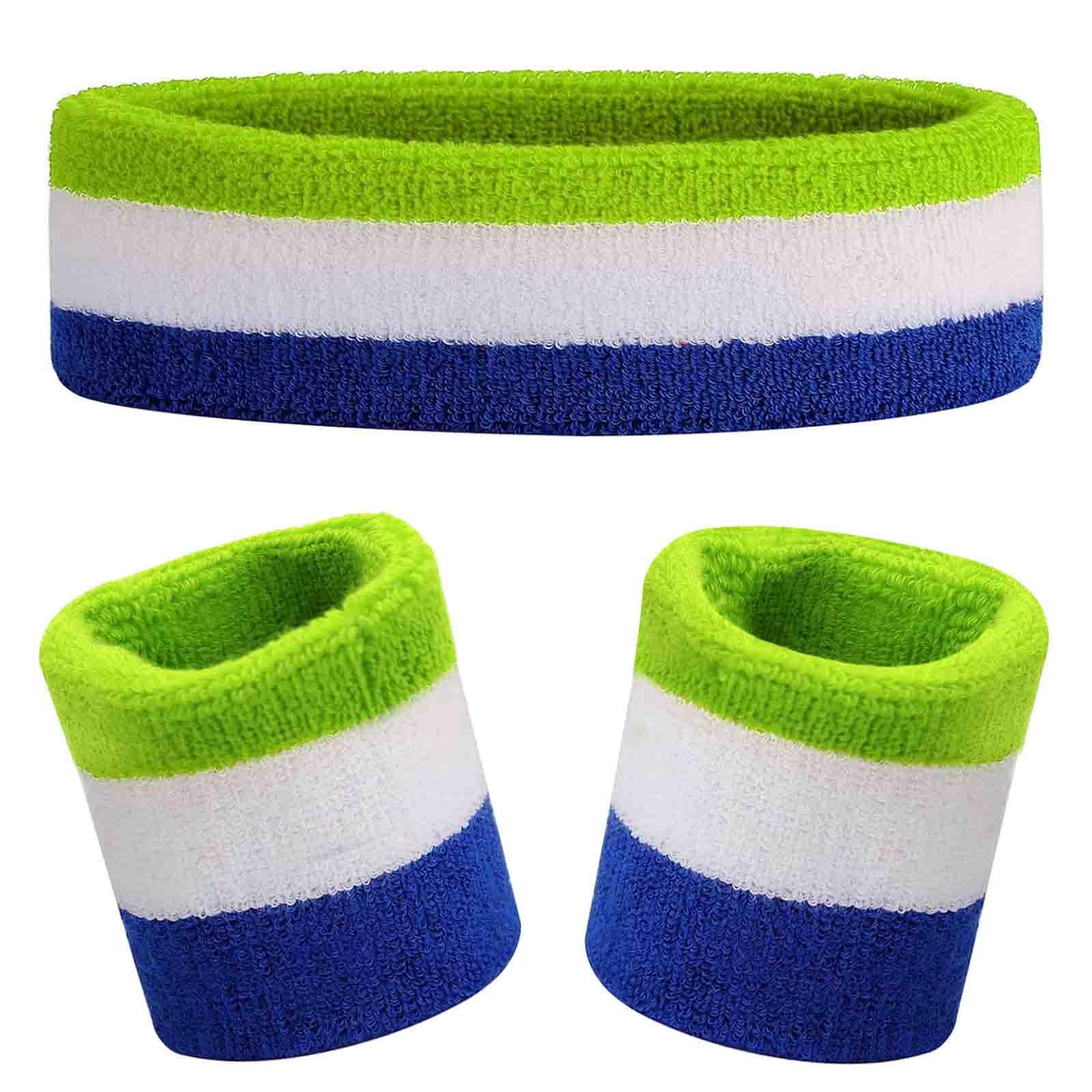 Kids Sweatbands Headband Wristband Set - Athletic Cotton Sweat Band for Sports - Ultimate Sweat-Absorbing 3-piece Set (1 Headband + 2 Wristbands) (Green+White+Blue) — image 1
