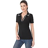 AmélieBoutik Women Collared V Neck Short Sleeve Polo Shirt Knit Slim Fitted Casual Tops