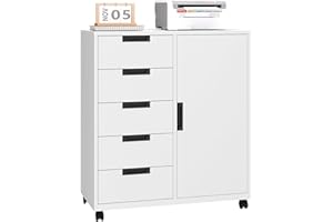 LISSIMO Office Storage Cabinet, 5 Drawer Metal Cabinet, Printer Stand with Storage Shelves, Mobile Storage Cabinet, Craft Storage Drawers for Home (White)