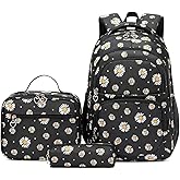 YJMKOI 3Pcs Daisy Prints Backpack for Girls Middle-School Elementary Students Bookbag Set with Lunch Box (Black)