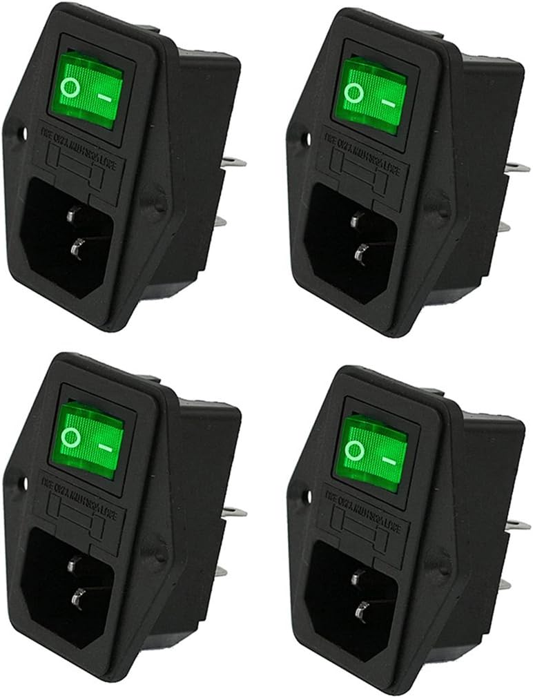 Oiyagai 4 Sets IEC320 C14 Inlet Module Connector Fuse Switch Male Power Socket w Switch AC 250V 10A Green Light