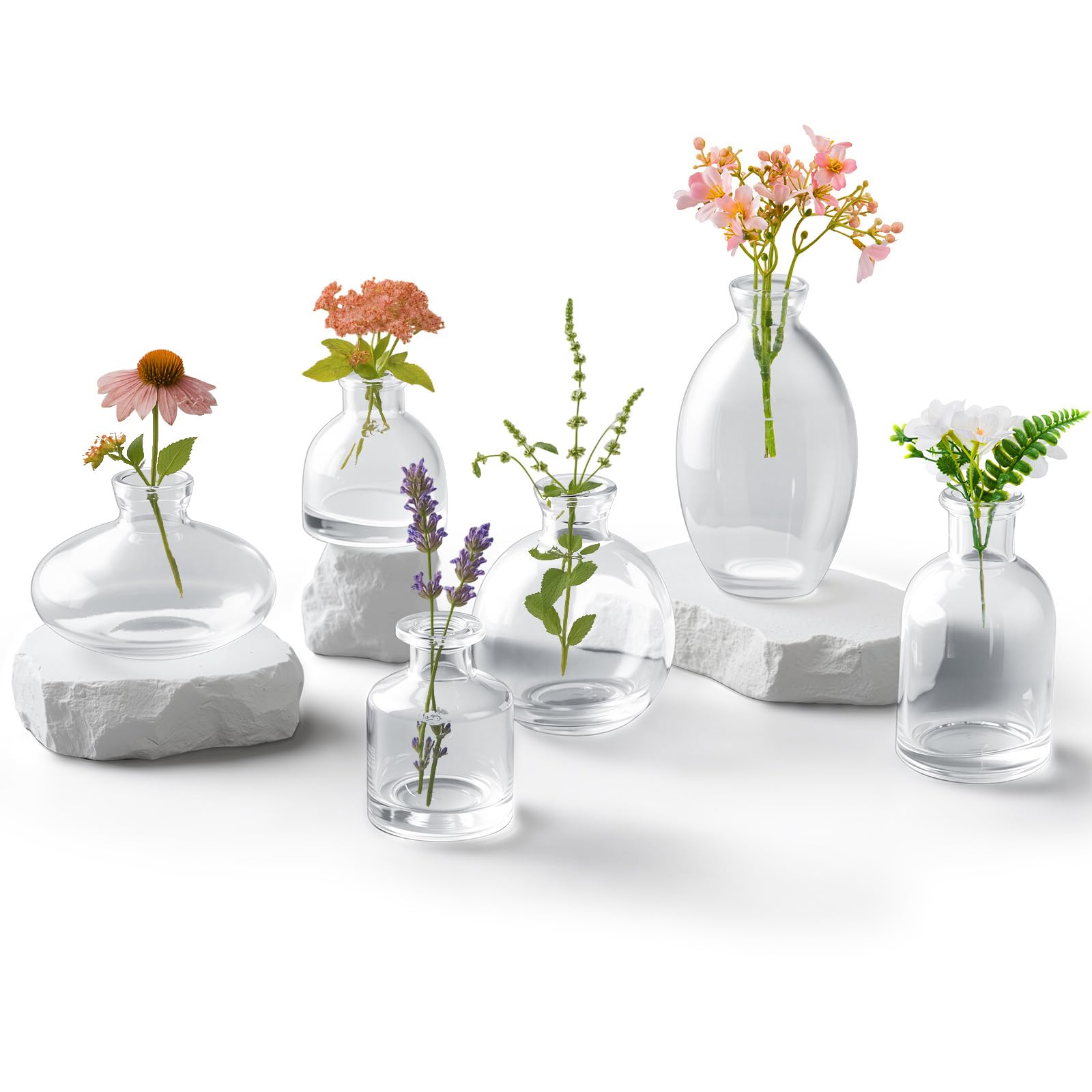 Photo 1 of Ninehaoou Glass Bud Vases Set of 6, Small Clear Flower Vases for Wedding Centerpiece Vintage Mini Glass Flower Bottles for Floral Arrangement Party Home Office Dining Table Decor