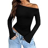 REORIA Women’s Sexy Boat Neck Off Shoulder Tops Long Sleeve Asymmetrical Hem Ruched Slim Fit Shirts Going Out Y2k Fall Blouse