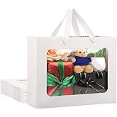 EUSOAR White Gift Bags with Transparent Window, 12pcs 10.6"x3.1"x8.3" White Paper Bags with Handles Bulk, Bouquet Tote Shopping Bag with Clear Window for Wrapping Wedding Festival Bridal Party Favor