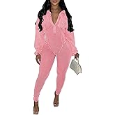 PUXOBYKU Womens Jumpsuits Casual Romper V Neck Bottom Pants Loose Long Sleeve Bodysuit Bodycon Sexy One Piece