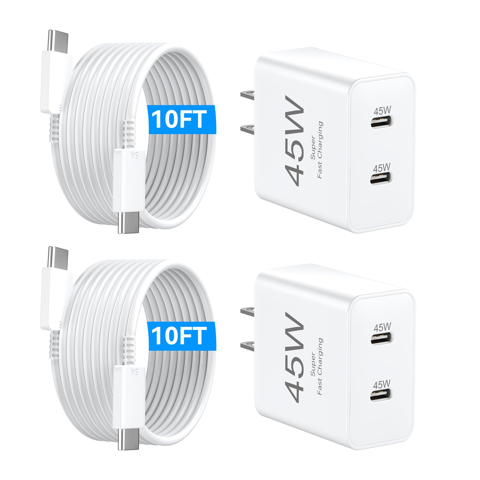 USB C iPhone Fast Charger,45W USBC Type C Charger with Long 10 FT USB C Fast Charging Cable Cord, Dual USB C Phone Charger Block for iPhone 17 Pro Max/17 Pro/Air/17/16/16 ProMax/Plus/S24/S25/S26