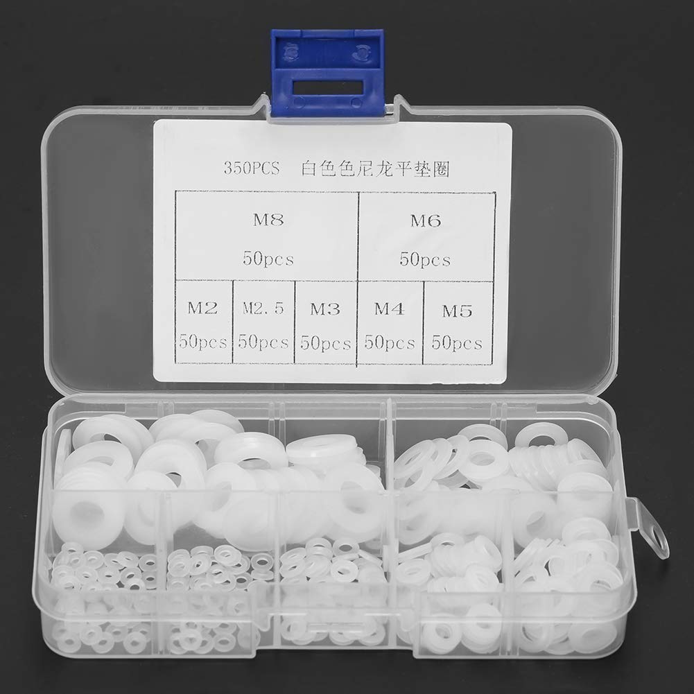 350pcs White Nylon Plastic Washer Flat Round Washer Gasket Ring Kit M2/M2.5/M3/M4/M5/M6/M8 Flat Washer ORings with Storage Box Assortment Box White