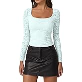 QINSEN Chic Floral Lace Crop Tops for Women Slimming Fit Long Sleeve Square Neck Going Out Basic Shirts