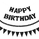 CANREVEL 3 PCS Pre-Strung 3D Happy Birthday Banner Decorations, Black | Colorful Reusable Birthday Decorations for Women Men Girls Boys, Felt Happy Birthday Sign, Pom Pom Garland, Triangle Bunting