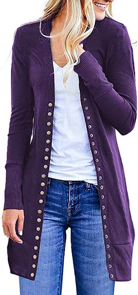 Long Cardigan Sweaters for Women,Women's Long Sleeve Snap Button Down Solid Color Knit Ribbed Neckline Cardigans