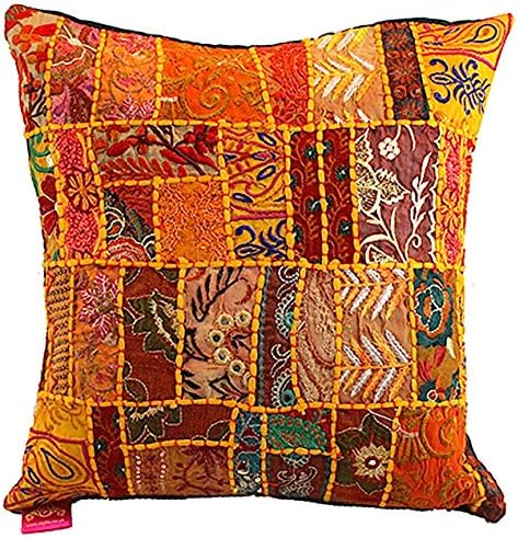 Stylla London Indian Handmade Vintage Embroidery Sari Patchwork Cushion Cover Decorative Pillow Cover (Yellow)