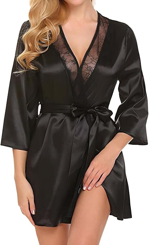 Damen Halbarm Satin Pajama-Kleid, V-Ausschnitt und Spitzenbesatz Nachthemd, Bequemes Eisseiden Pyjama-Nachthemd Mini Kleid Weiche Schlafanzug-Bindesachen, Loungewear (Weiß, L)