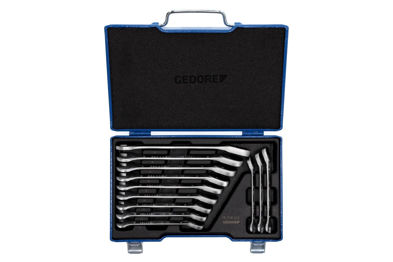 GEDORE Open-ended spanner set with ring ratchet, Reversible, 12-pc. Set, AF 8-19 mm, Angled, Spanner, 7 UR-012