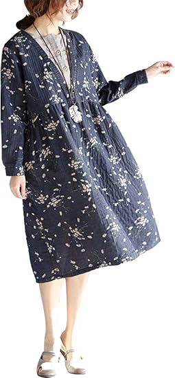 Amazon Co Jp イン二ファー Innifer リネン ワンピース 長袖 半袖 フェイクインナー設計 超ファッション 秋冬用 レディース ドレス 綿麻 ワンピース 花柄 ネイビー カジュアル風 森ガール ワンピース 服 ファッション小物