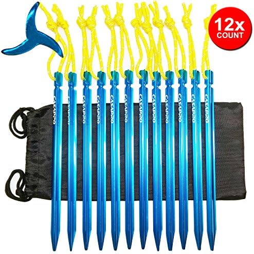 12Pack Unique Propeller Tent Stakes &amp; Bag - Heavy Duty 7075 Aluminum, Unique Propeller Shape, 0.39oz Ultralight With Reflective Pulling Rope, Including Reusable Black Nylon Bag (Blue, Pack of 12)