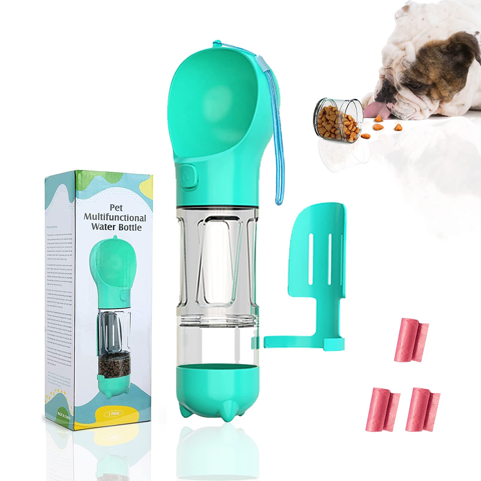 Dog Travel Water Bottle for Walking - 300ml Portable Pet Water Dispenser with Food Container and Dog Waste Bag Poop Shovel Multifunctional Detachable Design Food Grade Leak Proof BPA Free (Blue)