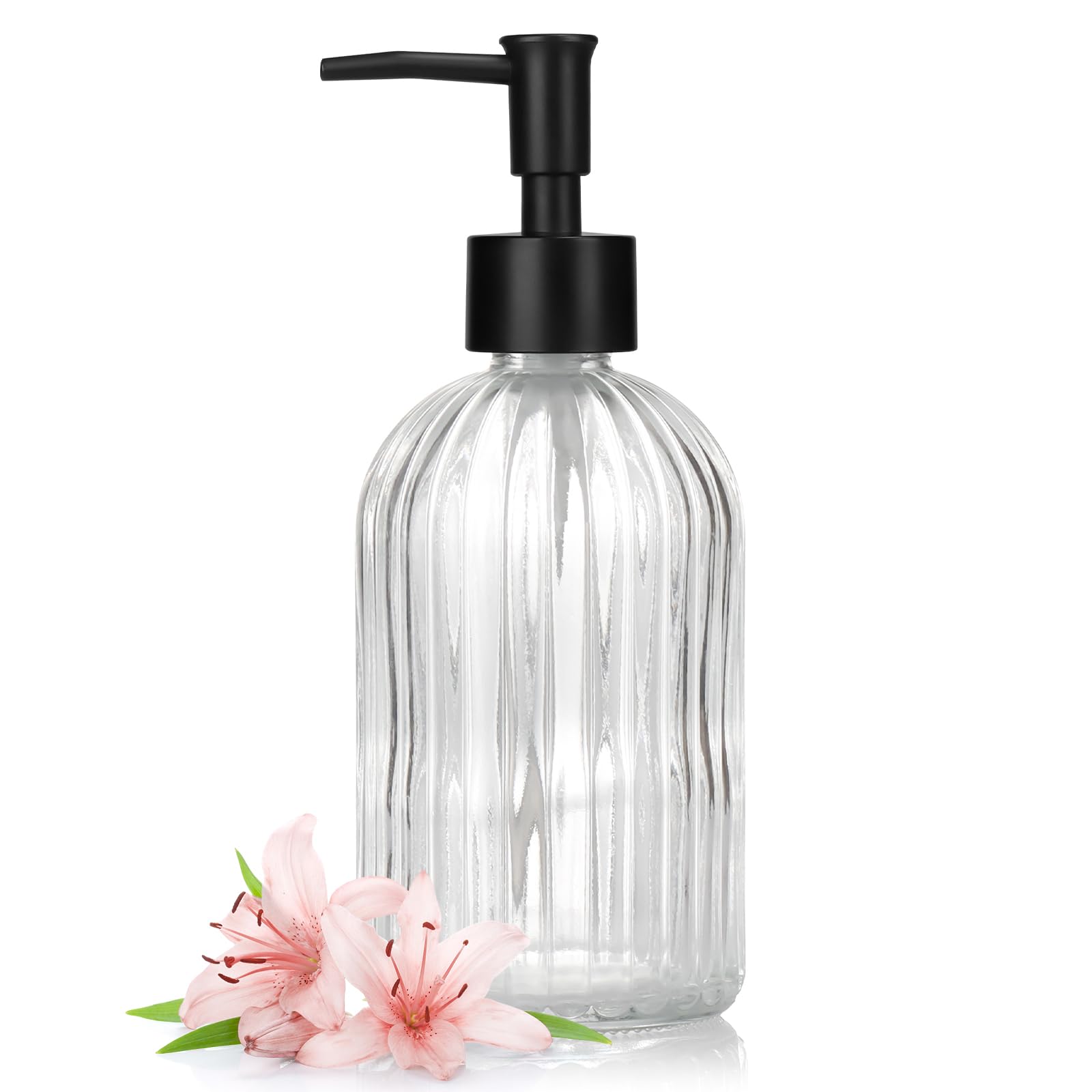 Photo 1 of 1 Pack 13.5oz Glass Soap Dispenser with Plastic Pump, Vertical Stripe Design Refillable Hand Soap Dispenser for Hand Wash, Bathroom and Kitchen