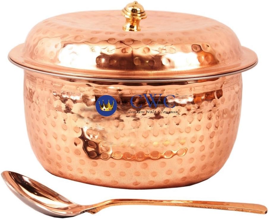 CwC Set of 1 Handmade Best Quality Hammered Steel Copper Cassrole with Lid - 1200 ML & 1 Serving Spoon - Serving Rice, Briyani, Dishes, Tableware & Gift Item