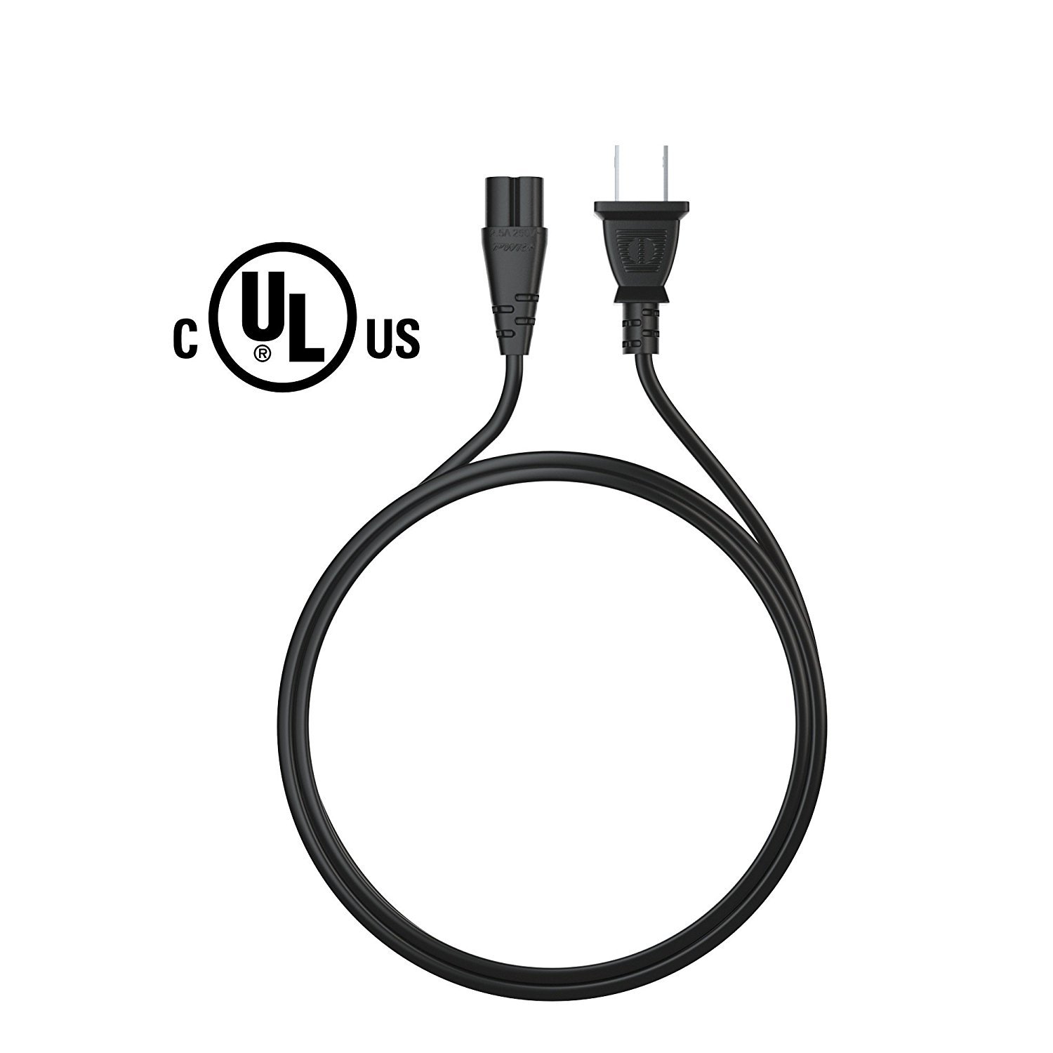 UL Listed Pwr Short 3 Ft 2 Prong (Figure 8) AC Wall Cable 2 Slot Power