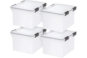 IRIS USA File Box WeatherPro File Organizer Plastic File Box for Letter/Legal File, Water Resistant Document Box, Durable Lid, Seal w/Secure Latching Buckles, Stackable, Nestable, Clear 32 Qt. 4Pack