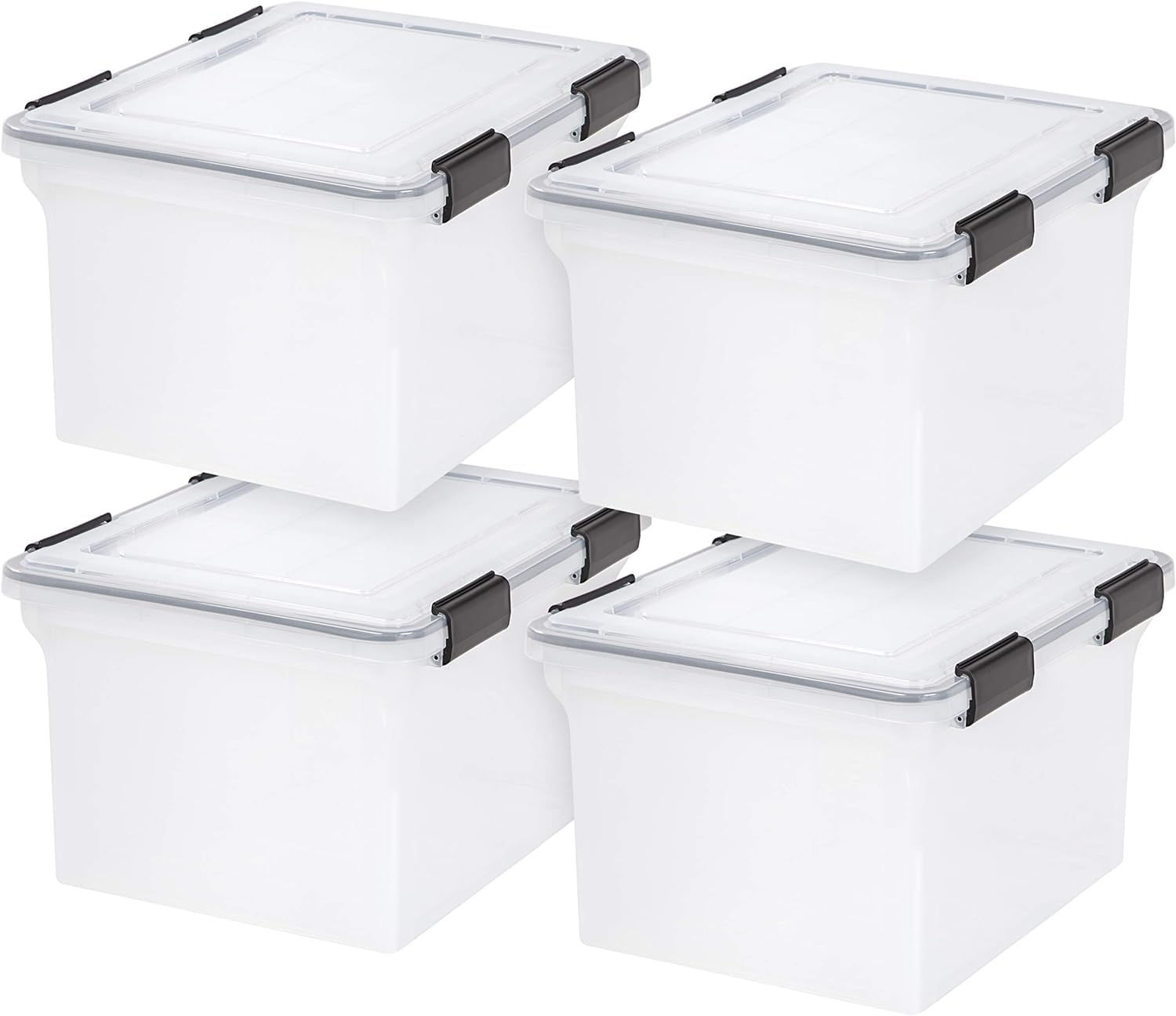 Photo 1 of *** Missing One Of The Buckets*** IRIS USA File Box WeatherPro File Organizer Plastic File Box for Letter/Legal File, Water Resistant Document Box, Durable Lid, Seal w/Secure Latching Buckles, Stackable, Nestable, Clear 32 Qt. 4Pack