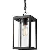 Beionxii Outdoor Pendant Light, Modern Exterior Hanging Porch Lantern, Black Cast Aluminum w/Clear Cylinder Glass - A291H-1PK